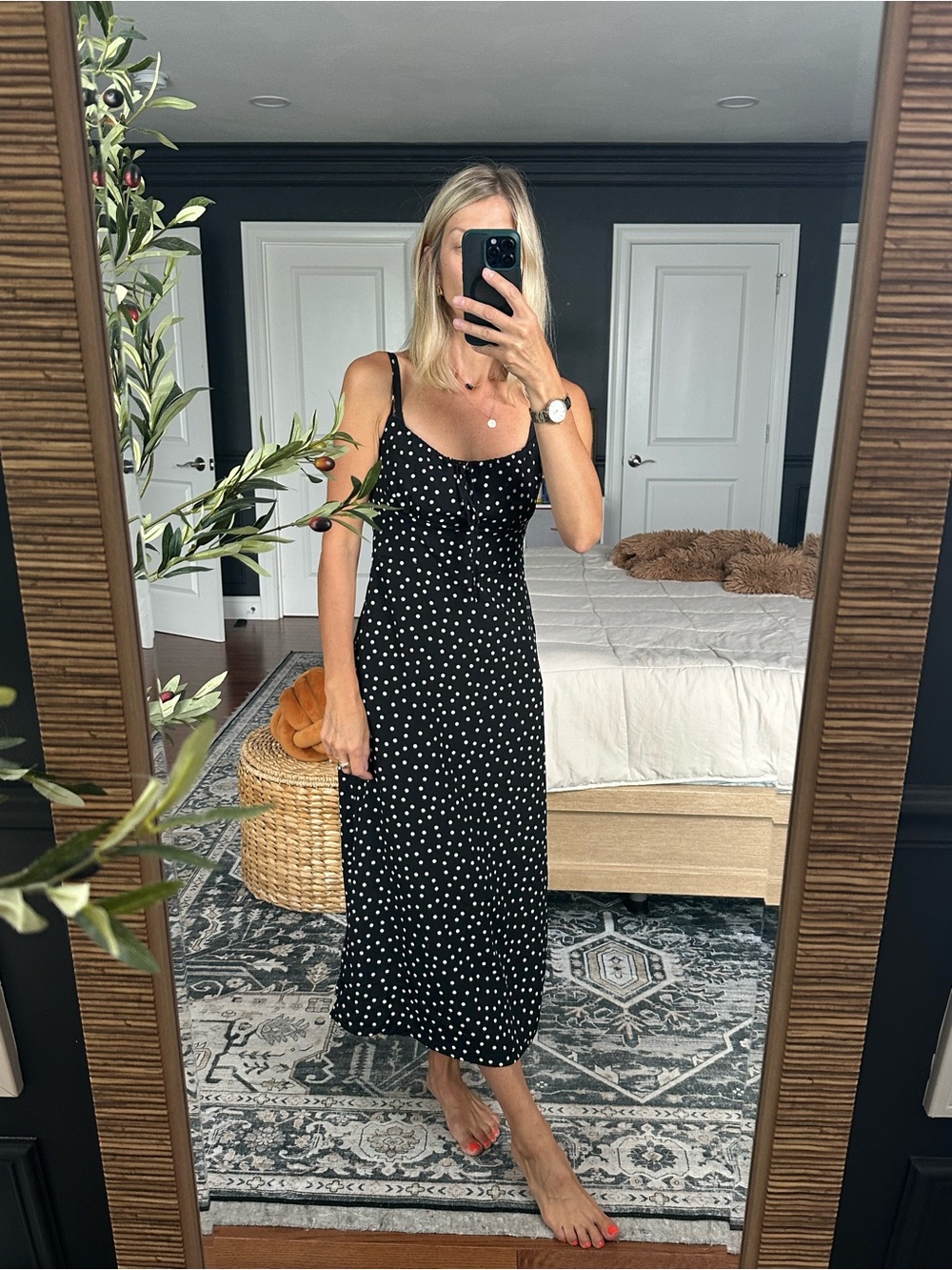 Classic Black Polka Dot Midi Dress - Sleeveless XS
